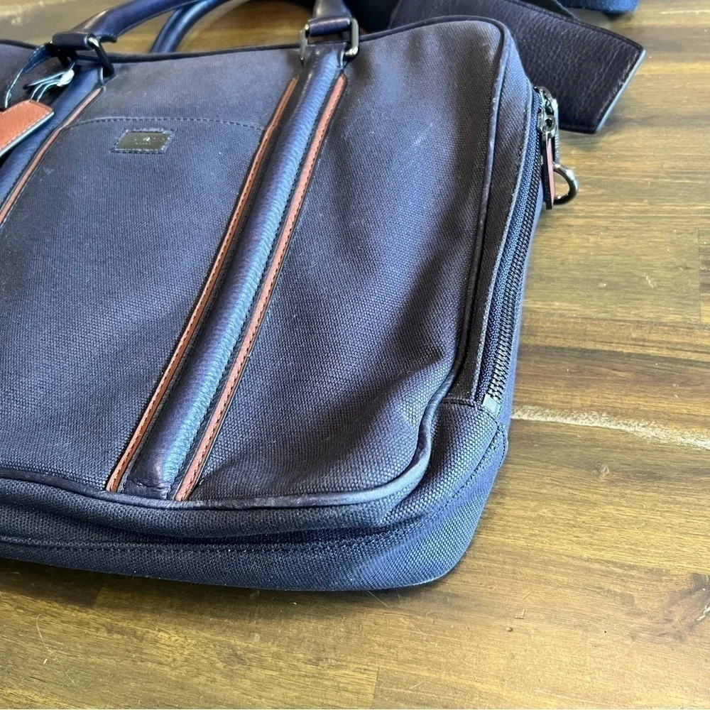 Ted Baker Navy Blue Laptop Bag Case Travel Luggage Padded Double Zipper Leather